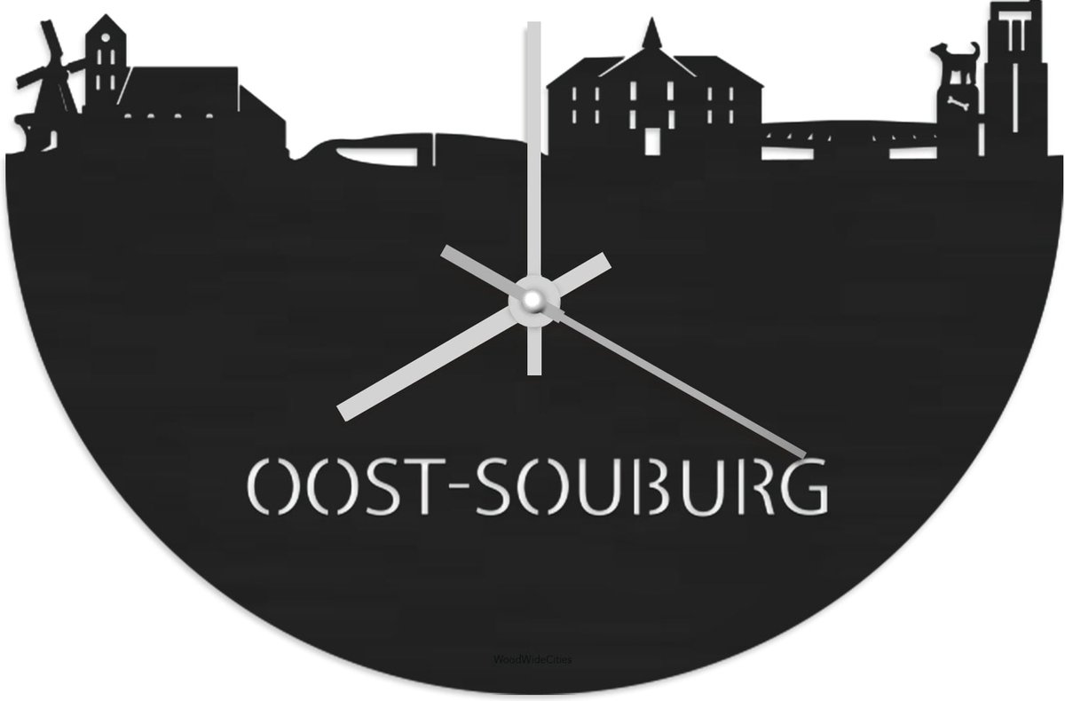 Skyline Klok Oost-Souburg Zwart hout - Ø 40 cm - Stil uurwerk - Wanddecoratie - Meer steden beschikbaar - Woonkamer idee - Woondecoratie - City Art - Steden kunst - Cadeau voor hem - Cadeau voor haar - Jubileum - Trouwerij - Housewarming -