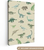 Canvas schilderij dinosaurus - Kinderkamer decoratie - Dino - Dieren - Design - Groen - Kids - Muurdecoratie kinderkamer - Canvasdoek kinderen - 60x90 cm