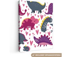 Canvas doek kids - Dinosaurus - Dieren - Roze - Kinderen - Wanddecoratie meisjes - Canvas schilderij kinderen - Kinder decoratie - 120x160 cm