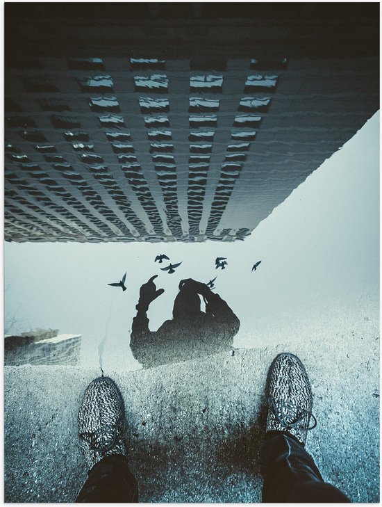 Poster (Mat) - Persoon met Sneakers in Regenplas vergezeld door Vogels - 30x40 cm Foto op Posterpapier met een Matte look