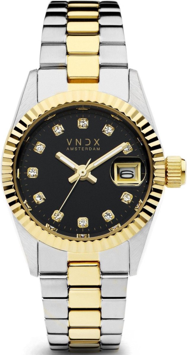 VNDX Amsterdam - Dames horloge - Dare Devil XS - Goud en Zilverkleurig - Zwarte wijzerplaat - Elegant en stoer - 26 mm - MT43002-01