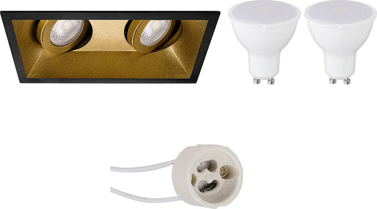 GU10 Inbouwspot Set - Mat Zwart/Goud - Inbouw Rechthoek Dubbel - Kantelbaar - Proma Zano Pro - 4W - Warm Wit 3000K - 185x93mm