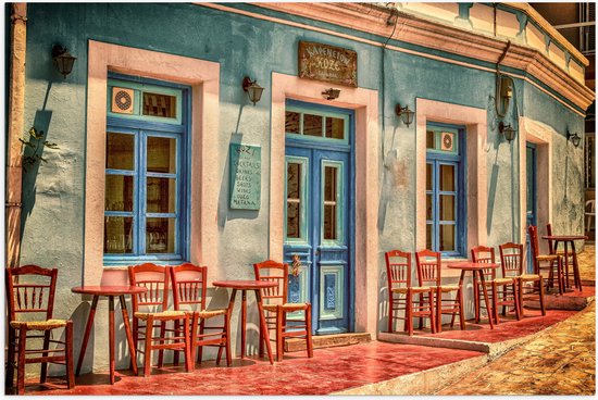 WallClassics - Poster (Mat) - Grieks Café - 60x40 cm Foto op Posterpapier met een Matte look