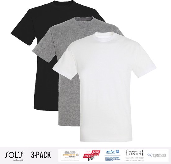 3 Pack Sol's Heren T-Shirt 100% biologisch katoen Ronde hals Zwart, Grijs en Wit Maat 3XL