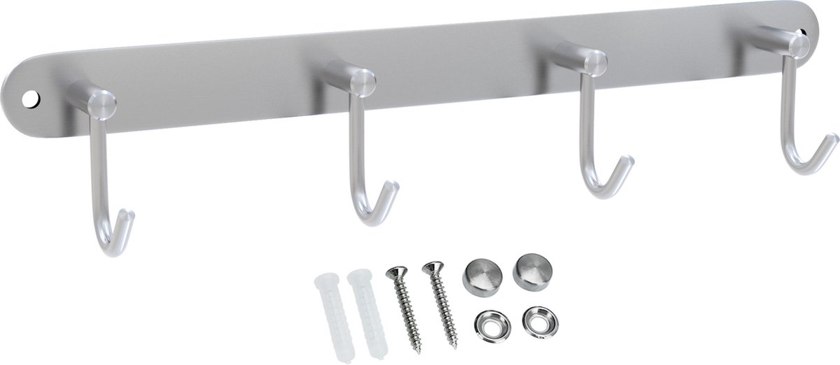 Intirilife roestvrijstalen kapstok model C - 4 haken - jashaken kapstok in 5 verschillende designs Zilver