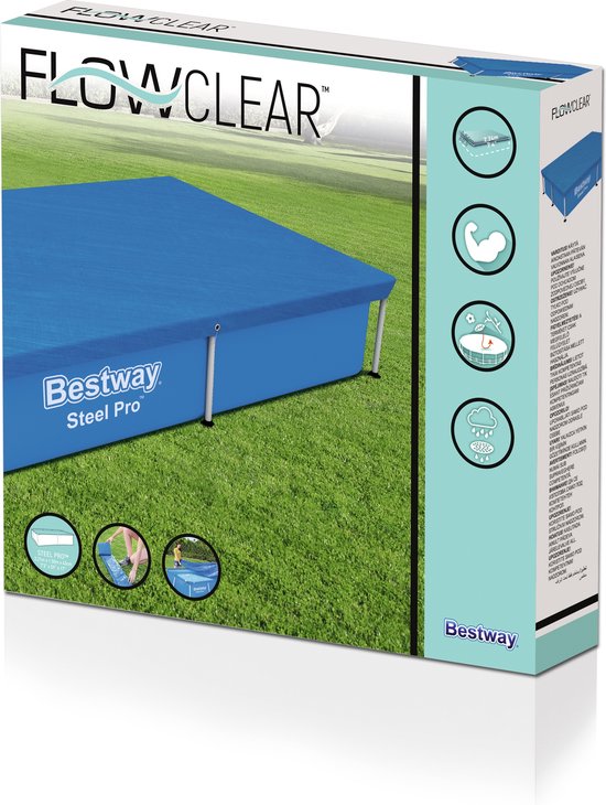 Bestway Flowclear verpakking met een blauw afdekzeil op een rechthoekig zwembad op gras.
