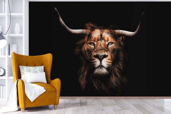 Behang - Fotobehang Leeuw - Hoorn - Zwart - Breedte 390 cm x hoogte 260 cm