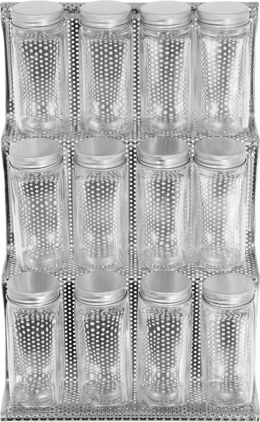 QUVIO Tiroir porte-épices + 12 pots à épices - 3 couches - Support à épices - Étagère à épices - Organisateur d'épices - Rangement à épices - Pour le tiroir de la cuisine - Acier inoxydable - Pots en Verres