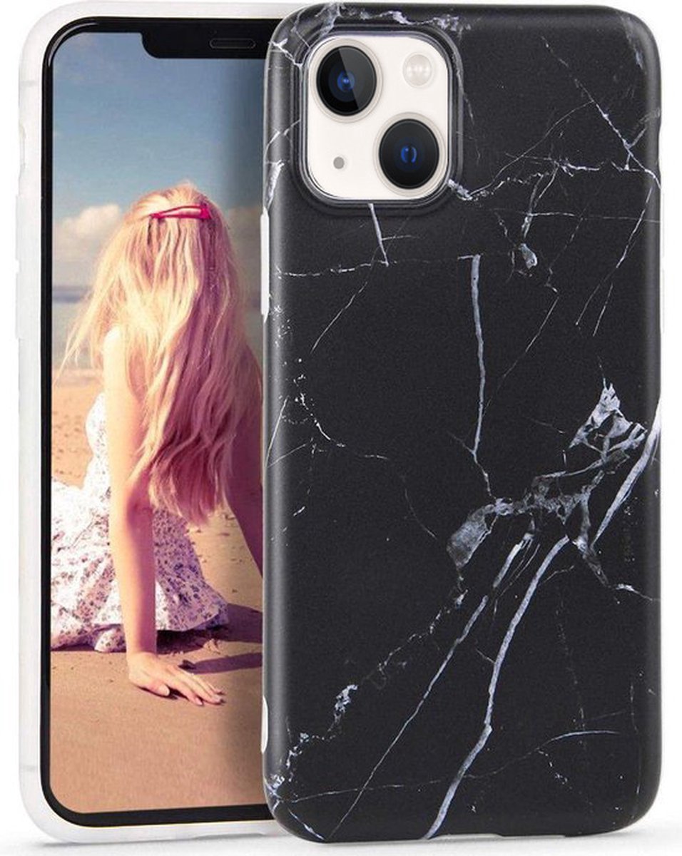 Backcover Geschikt voor Apple iPhone 14 Plus - Zwart / Wit - Marmer - Soft TPU Hoesje