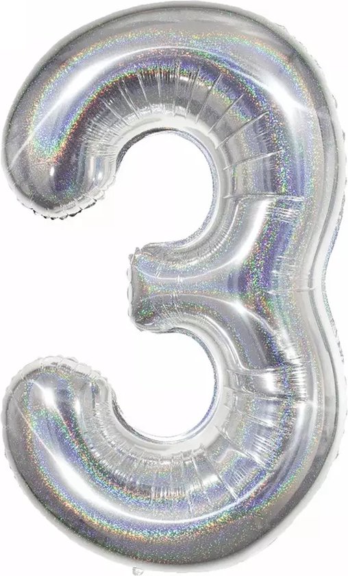 Ballon Cijfer 3 Jaar Zilver Helium Ballonnen Verjaardag Versiering Zilveren Feest Versiering Met Rietje Glitter - 86Cm