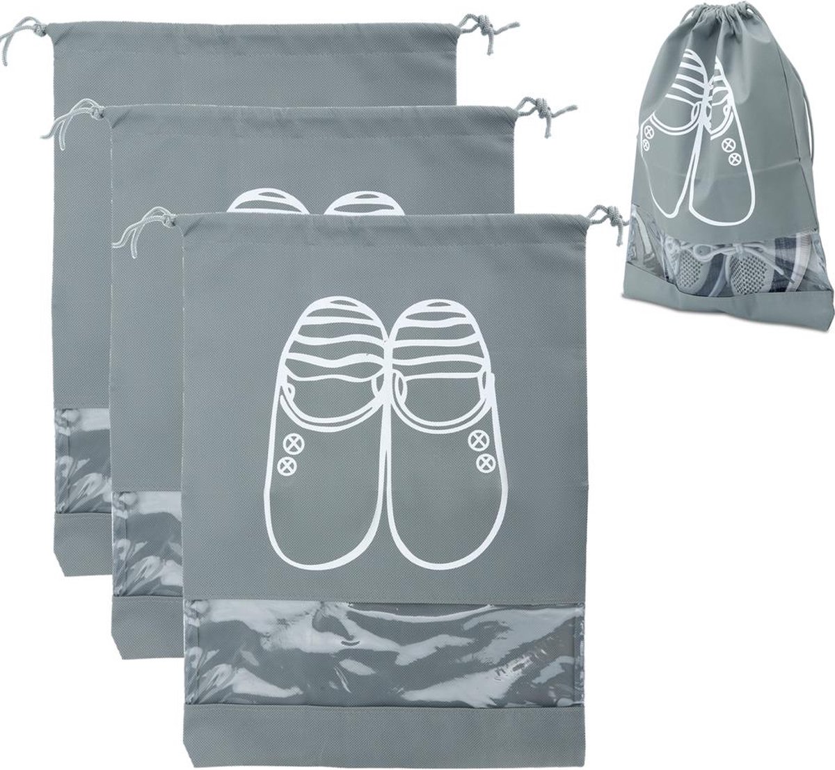 INTIRILIFE 3 x schoenzakken in grijs, set met 3 schoenzakken met transparant venster en trekkoord van stof- en waterafstotende vliesstof, schoenenorganizer