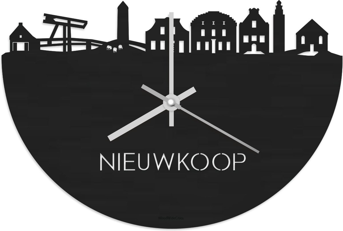 Skyline Klok Nieuwkoop Zwart hout - Ø 40 cm - Stil uurwerk - Wanddecoratie - Meer steden beschikbaar - Woonkamer idee - Woondecoratie - City Art - Steden kunst - Cadeau voor hem - Cadeau voor haar - Jubileum - Trouwerij - Housewarming -