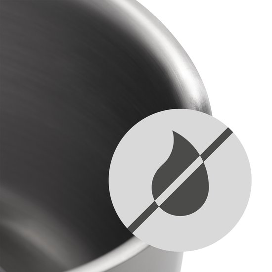 Close-up van een RVS pan met een cirkelvormige icoon van een doorstreepte vlam, wat duidt op kookplaatcompatibiliteit.