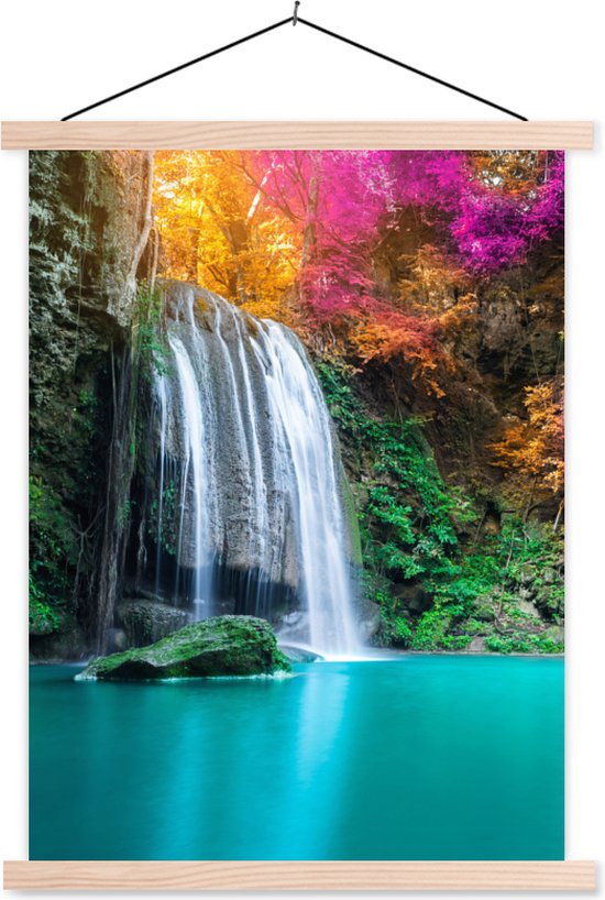 Posterhanger incl. Poster - Schoolplaat - Waterval - Bomen - Roze - Bruin - Natuur - 60x80 cm - Blanke latten