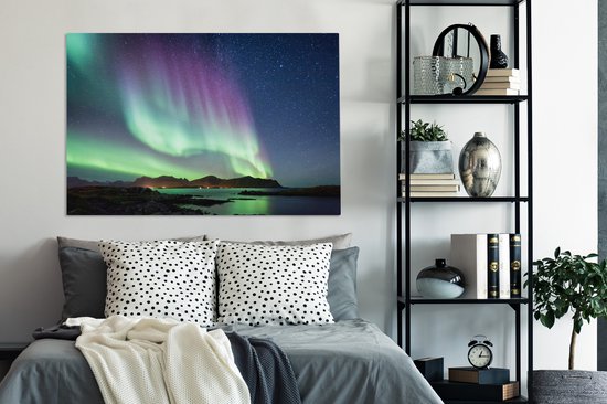 Aurores boréales colorées sur toile de Norvège européenne 140x90 cm - Tirage photo sur toile (Décoration murale salon / chambre)