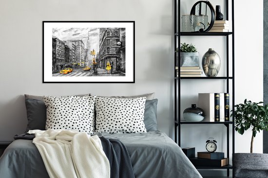 Fotolijst incl. Poster - Schilderij - Stad - Auto - Geel - 90x60 cm - Posterlijst