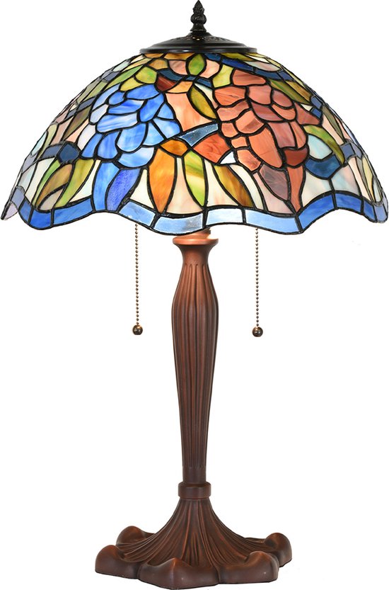 LumiLamp Tiffany Tafellamp Ø 41x60 cm Blauw Bruin Glas Kunststof Rond Tiffany Bureaulamp
