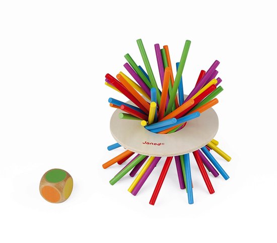 Kleurrijke stokjes spel "Crazy Sticks" met dobbelsteen.