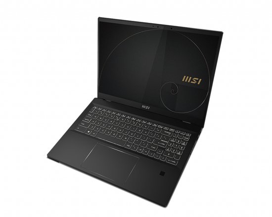 Zwarte MSI laptop in opengeklapte modus, met toetsenbord en touchpad. Gouden MSI logo en Fibonacci-spiraal op het scherm.