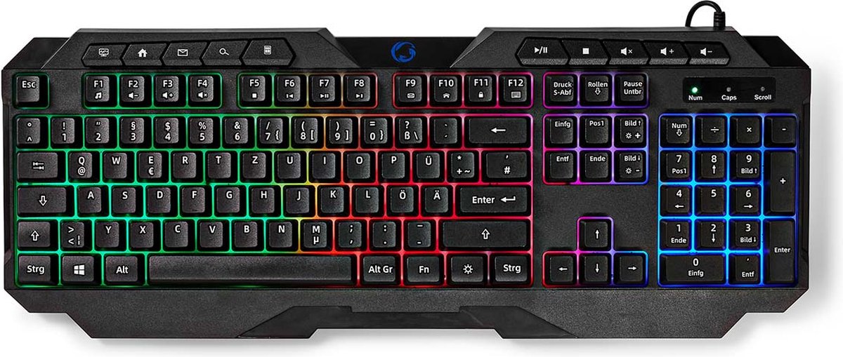 Nedis Bedraad Gaming Toetsenbord - USB Type-A - Membrane Toetsen - LED - QWERTZ - Duits - USB Gevoed - Lengte stroomkabel: 1.30 m - Multimedia