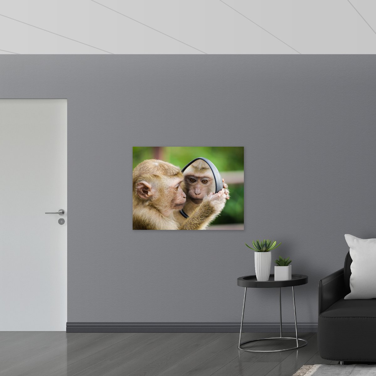 Poster Glanzend – Aap met Spiegel - 100x75 cm Foto op Posterpapier met Glanzende Afwerking