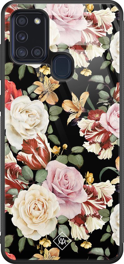 Coque en verre Samsung Galaxy A21s - Flowerpower - Multi - Hard Case Zwart - Coque arrière pour téléphone - Fleurs - Casimoda