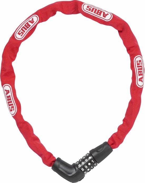 Rode ABUS kettingslot met witte ABUS logo's en een cijferslot.