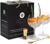 Vemacity - Set van 2 handgemaakte Gin glazen kristal + dubbelzijdige maatbeker + staafroerder - Goudkleurig - Mooie geschenkdoos