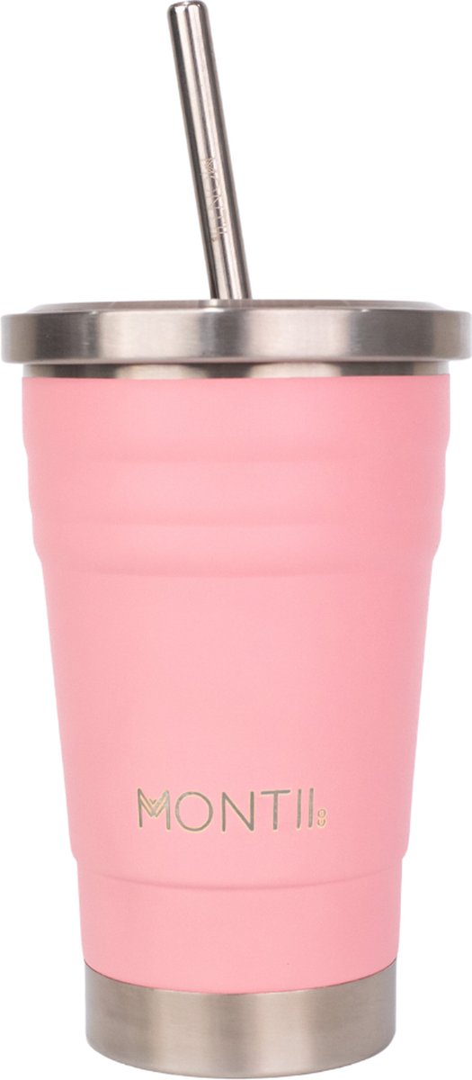 MontiiCo Mini Smoothie beker - met deksel - dubbelwandig RVS - 275ml - Strawberry roze