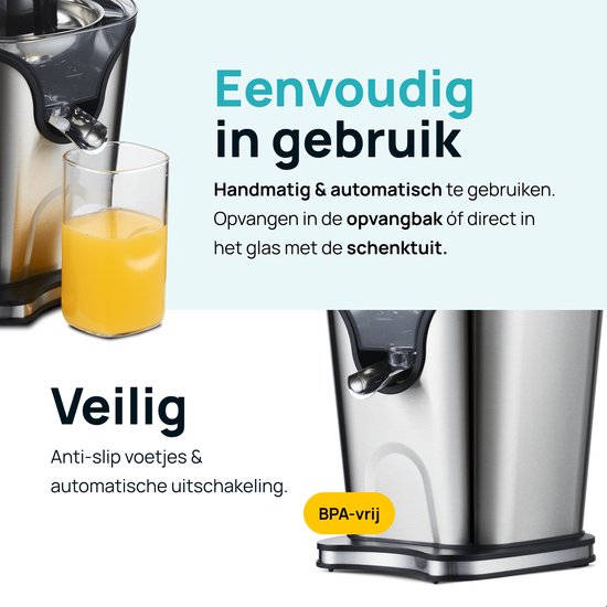 Een glas versgeperst sinaasappelsap staat naast de zilverkleurige citruspers. De tekst 'Veilig', 'Anti-slip voetjes & automatische uitschakeling' en 'BPA-vrij'.