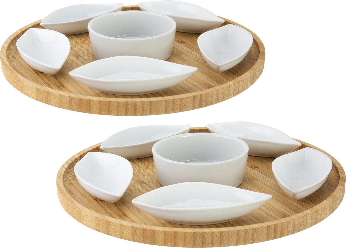 Set van 2x stuks serveerplanken bamboe dia 26 cm met luxe hapjes/saus/tapas keramieken schaaltjes