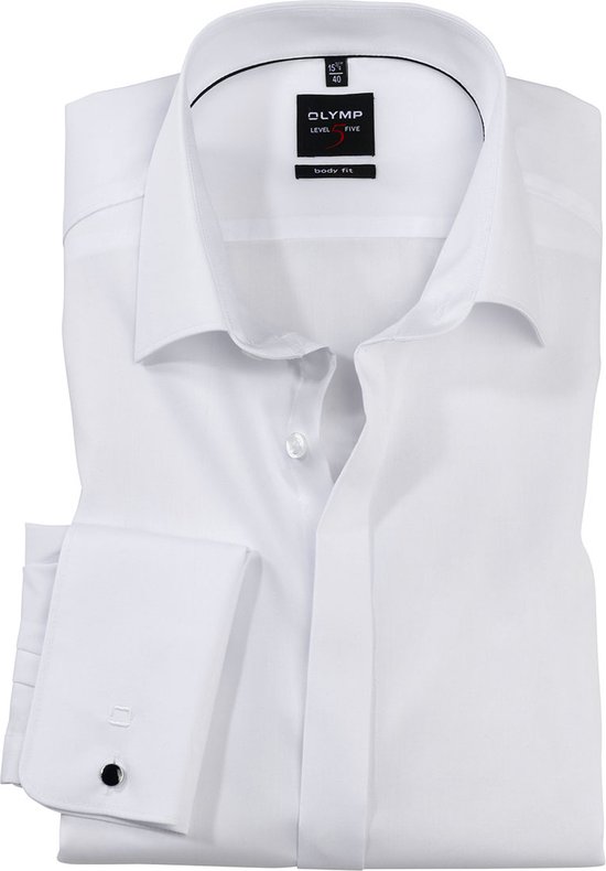 OLYMP Level 5 body fit overhemd - smoking overhemd - wit - gladde stof met Kent kraag - Strijkvriendelijk - Boordmaat: 36