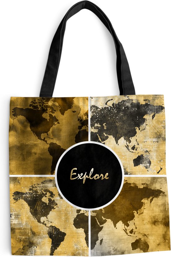 MuchoWow® Schoudertas - Strandtas - Big Shopper - Boodschappentas - Wereldkaarten - Collage - Goud - 40x40 cm - Katoenen tas