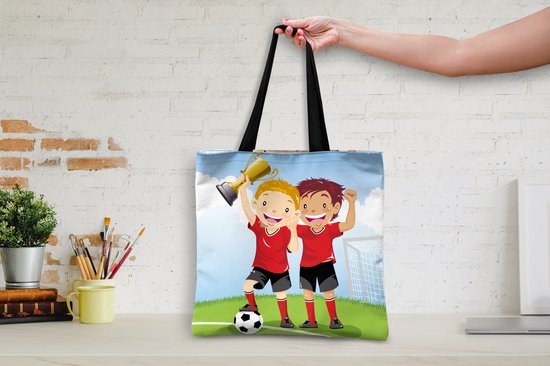 Sac bandoulière MuchoWow® - Sac de plage - Grand cabas - Sac shopping - Illustration de deux footballeurs gagnants - Garçons - Filles - Enfant - 40x40 cm - Sac en coton