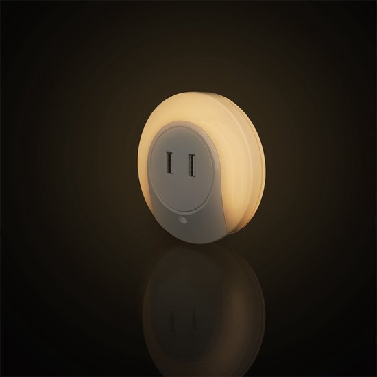 Stekkerlamp - Nachtlamp met Dag en Nacht Sensor Incl. USB Oplaadbaar - Aigi Nuino - 0.4W - Warm Wit 3000K - Rond - Mat Wit - Kunststof - BES LED