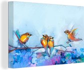 Toile - Peinture à l'huile - Peinture - Vogels - Branche - Blauw - 90x60 cm - Décoration d'intérieur - Peintures sur toile