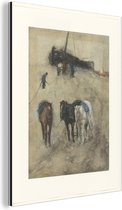 Paarden sur la plage avec une barge et des pêcheurs en arrière-plan - Peinture de George Hendrik Breitner Aluminium 60x80 cm - Tirage photo sur aluminium (décoration murale en métal)