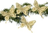 Kerstboom vlinders op clip - 14 cm - 4x stuks - goud glitter - kunststof