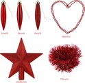 Set rode kerstdecoratie: 3 hangers (10cm), 1 hartvormige kralenslinger (200cm), 1 ster (20x20cm) en 1 tros rood glitterdraad (150cm).