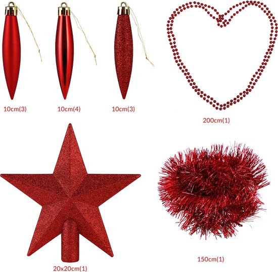 Set rode kerstdecoratie: 3 hangers (10cm), 1 hartvormige kralenslinger (200cm), 1 ster (20x20cm) en 1 tros rood glitterdraad (150cm).