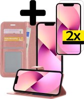 Hoesje Geschikt voor iPhone 14 Pro Max Hoesje Book Case Hoes Wallet Cover Met 2x Screenprotector - Hoes Geschikt voor iPhone 14 Pro Max Hoesje Bookcase Hoes - Rosé goud