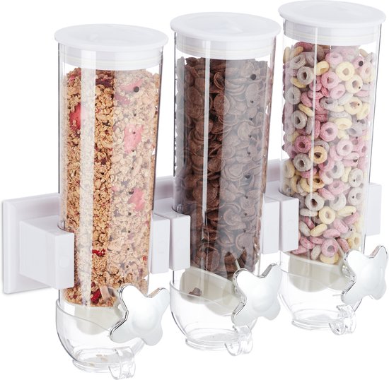 Relaxdays 1x cornflakes dispenser drievoudig muesli dispenser snoepautomaat wit wand
