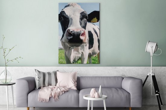 Toile - Vache - Zwart et blanc - Gros plan - Nature - Animal - Peinture sur toile vache - Décoration murale - 90x140 cm