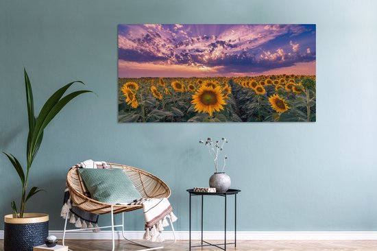Toile - Peinture fleurs - Tournesol - Soleil - Nuages ​​- Soir - Décoration murale - Photo sur toile - Canvasdoek - 160x80 cm - Salon