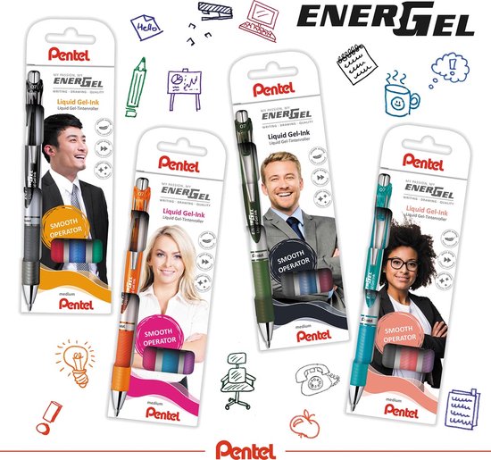 Verpakking met vier Pentel EnerGel pennen in verschillende kleuren: zwart, oranje, groen en blauw. Mannen en vrouwen worden getoond met de pennen.