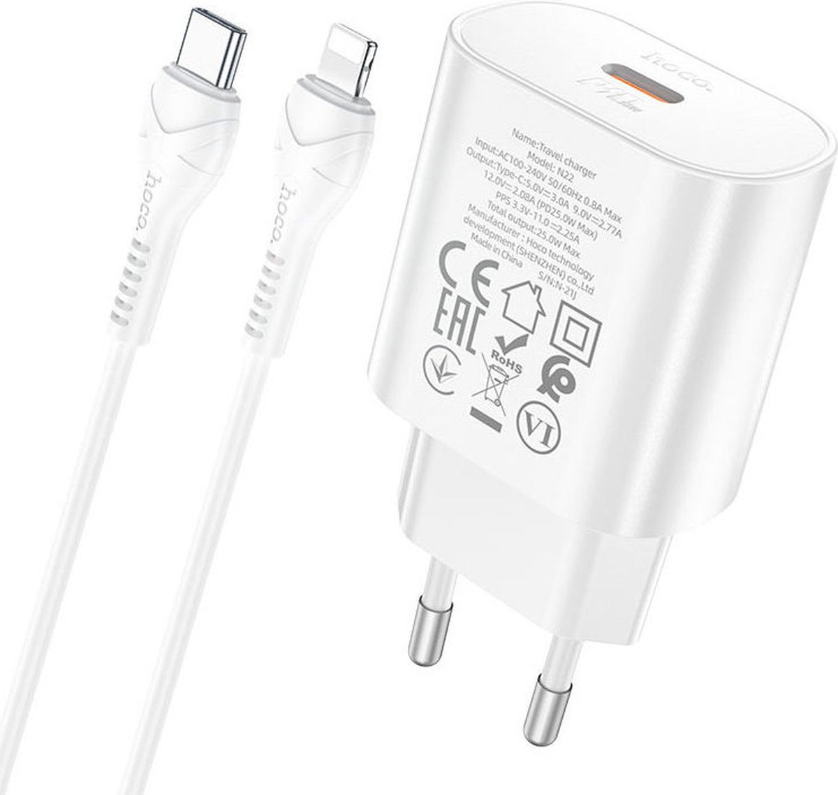 Hoco USB-C Snellader 25W PD + USB-C naar Lightning Kabel 1M Wit