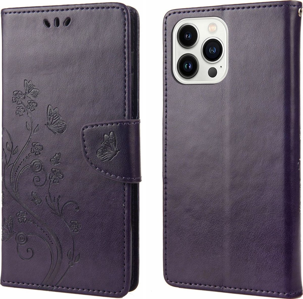 Mobigear Telefoonhoesje geschikt voor Apple iPhone 14 Pro Max Hoesje | Mobigear Flowers Bookcase Portemonnee | Pasjeshouder voor 3 Pasjes | Telefoonhoesje voor Pinpas / OV Kaart / Rijbewijs - Paars