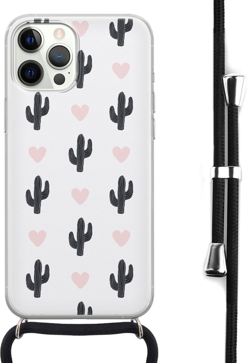 Hoesje met koord - Geschikt voor iPhone 12 Pro Max - Cactus - Verstelbaar zwart koord - Transparant, Groen - Planten - Leuke Telefoonhoesjes