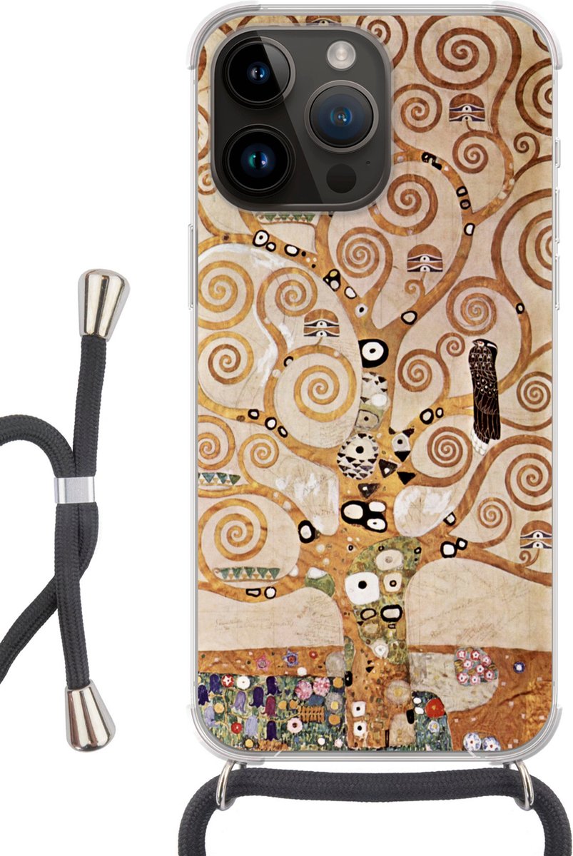 Telefoonhoesje Geschikt voor Apple Iphone 14 Pro - The tree of life - Gustav Klimt - Siliconen - Crossbody - Backcover met Koord - Telefoonhoesje met koord - Hoesje met touw Telefoonhoesje