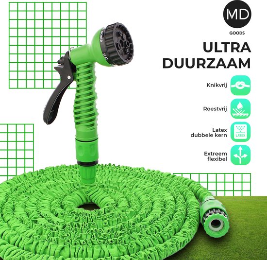 Groene, uittrekbare tuinslang met een groene sproeikop en 7 standen. "ULTRA DUURZAAM".